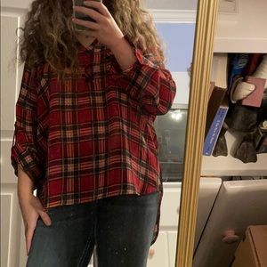 Semi sheer plaid collared v neck